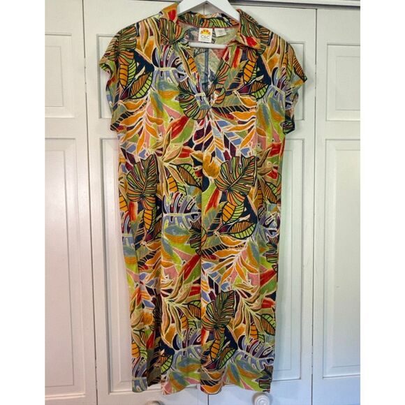 C&C linen tropical collared midi dress M - Picture 3 of 10
